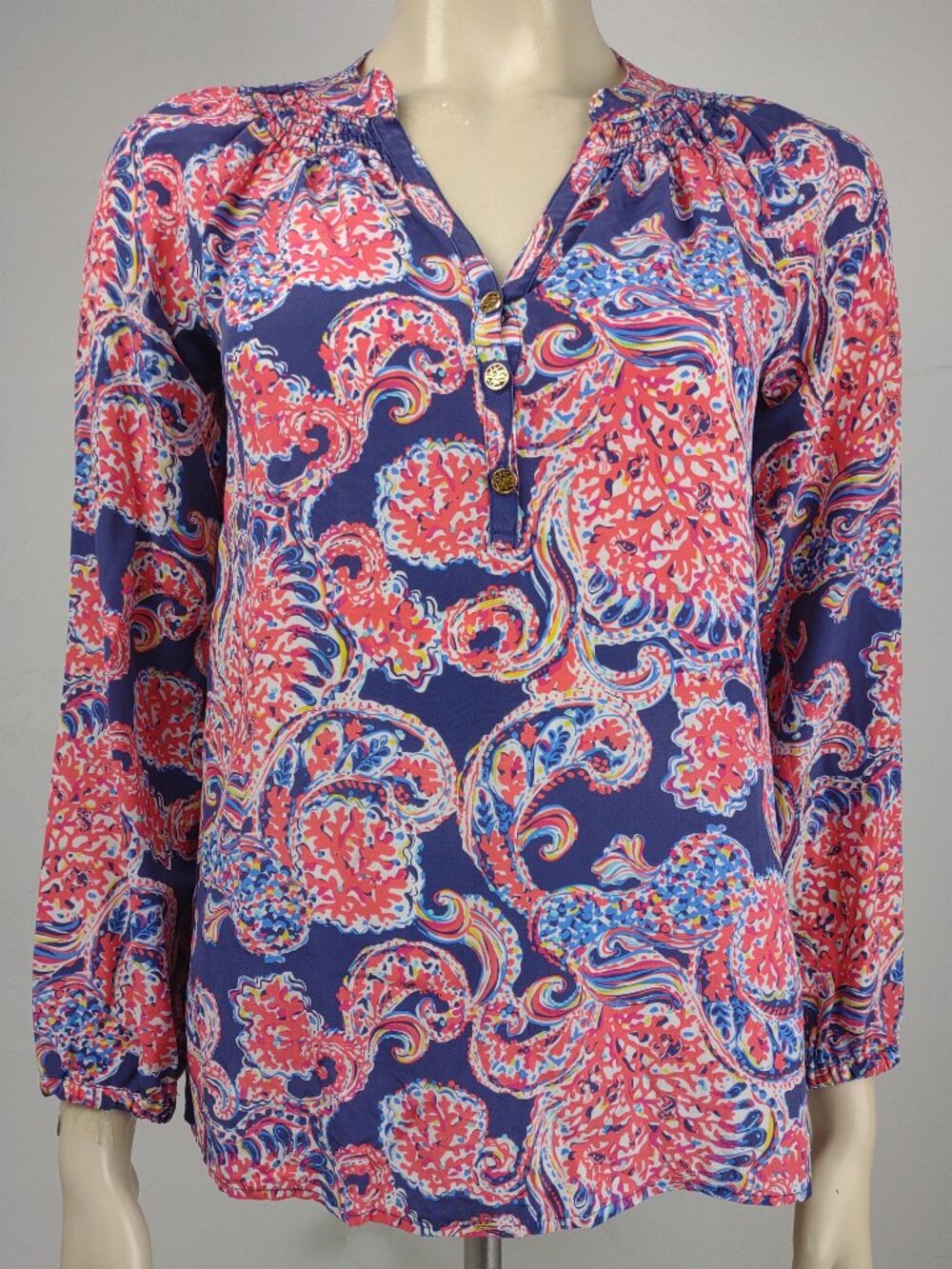 Lilly Pulitzer blue orange paisley 100% Silk smocked neck blouse top blouse XXS